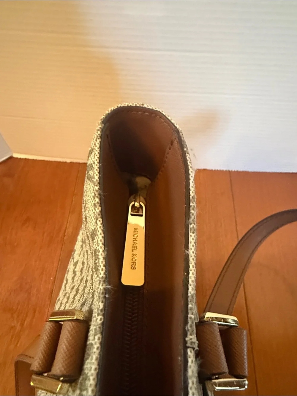 Michael Kors monogram Beige and Brown Logo Stripe Tote 13x16”READ
